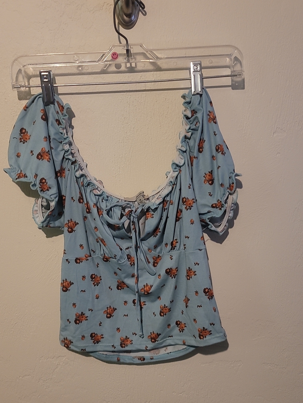 Papaya Light Blue Floral Puff-Sleeve Tie-Front Top